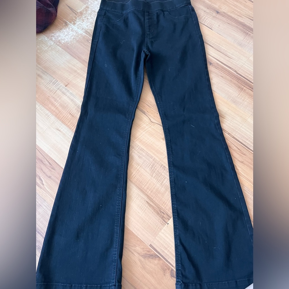 Stretch waistband black flare leg jean material pants